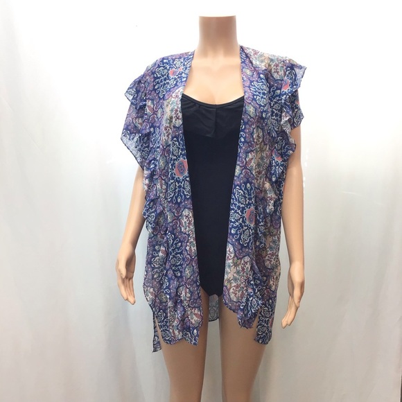 NWOT Est. 1946 Blue Chiffon Short Sleeve Sheer Swimsuit Coverup Kimono One Size - Picture 4 of 8